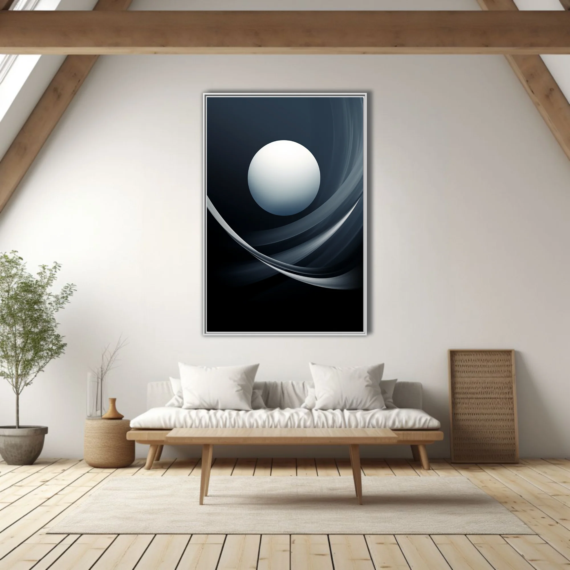 Minimalist abstract celestial sphere with sweeping dark curves, monochromatic cool tones