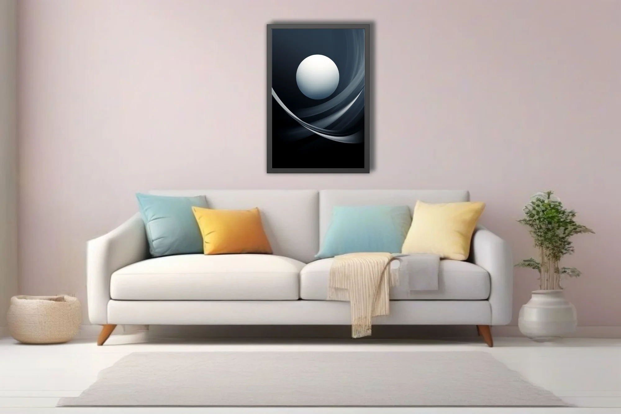 Minimalist abstract celestial sphere with sweeping dark curves, monochromatic cool tones