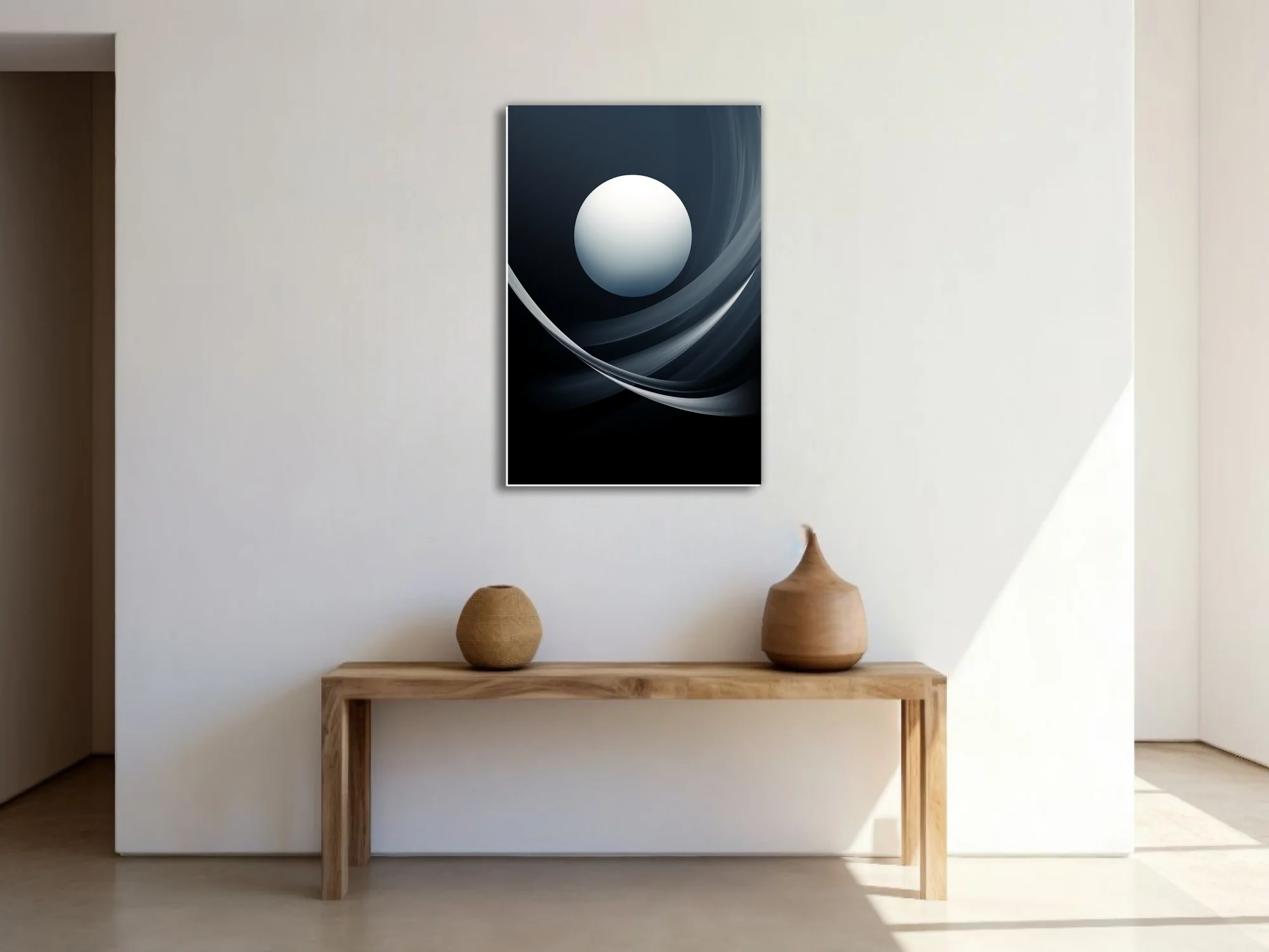 Minimalist abstract celestial sphere with sweeping dark curves, monochromatic cool tones