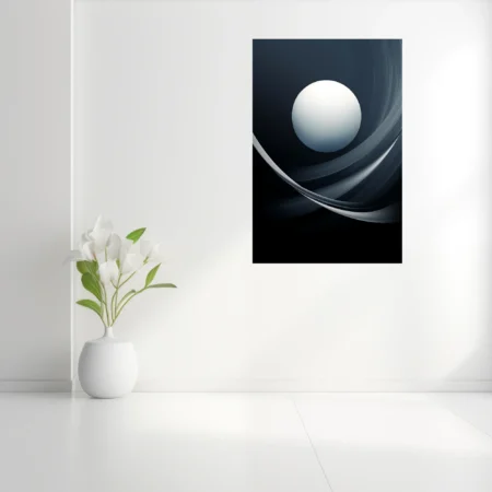 Minimalist abstract celestial sphere with sweeping dark curves, monochromatic cool tones
