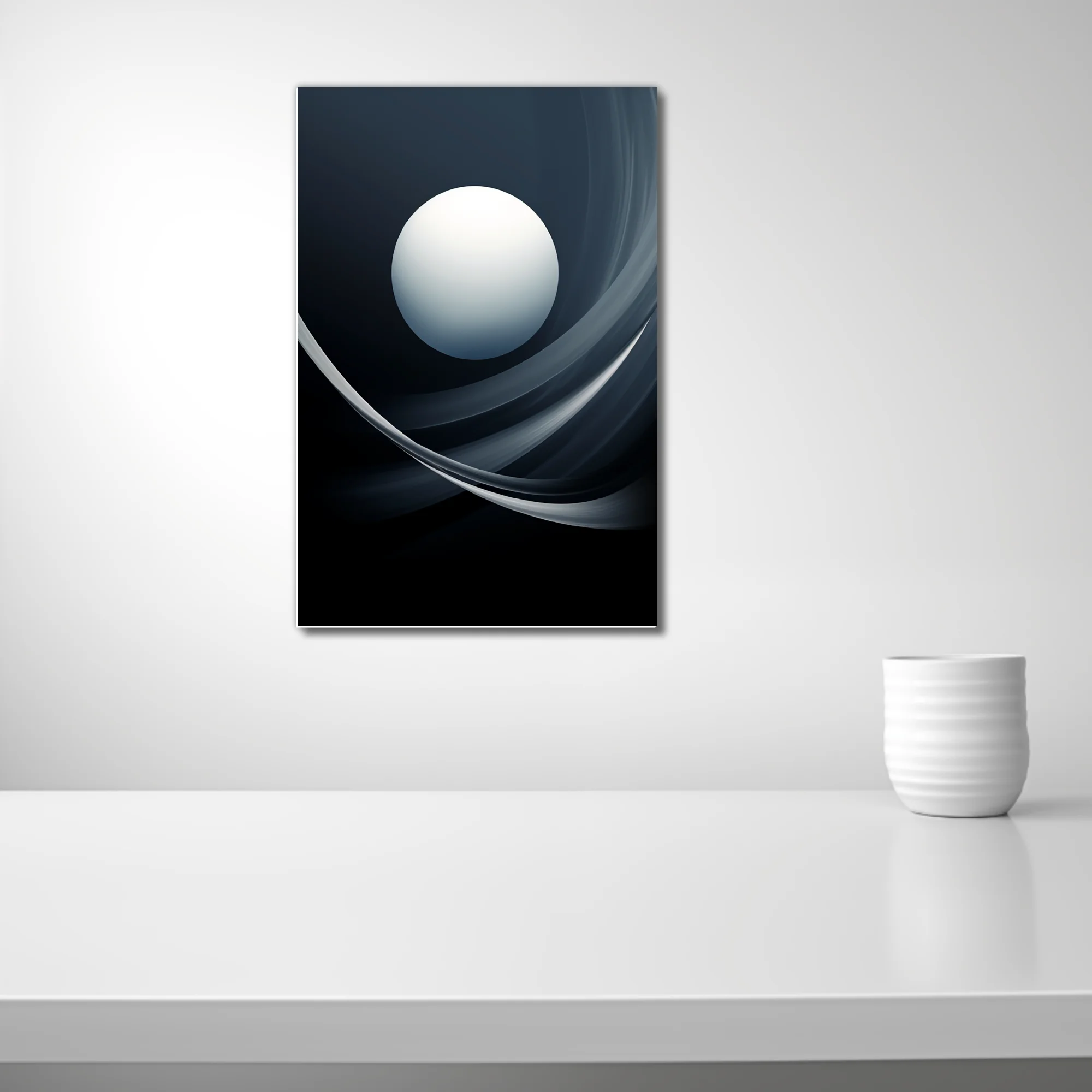 Minimalist abstract celestial sphere with sweeping dark curves, monochromatic cool tones