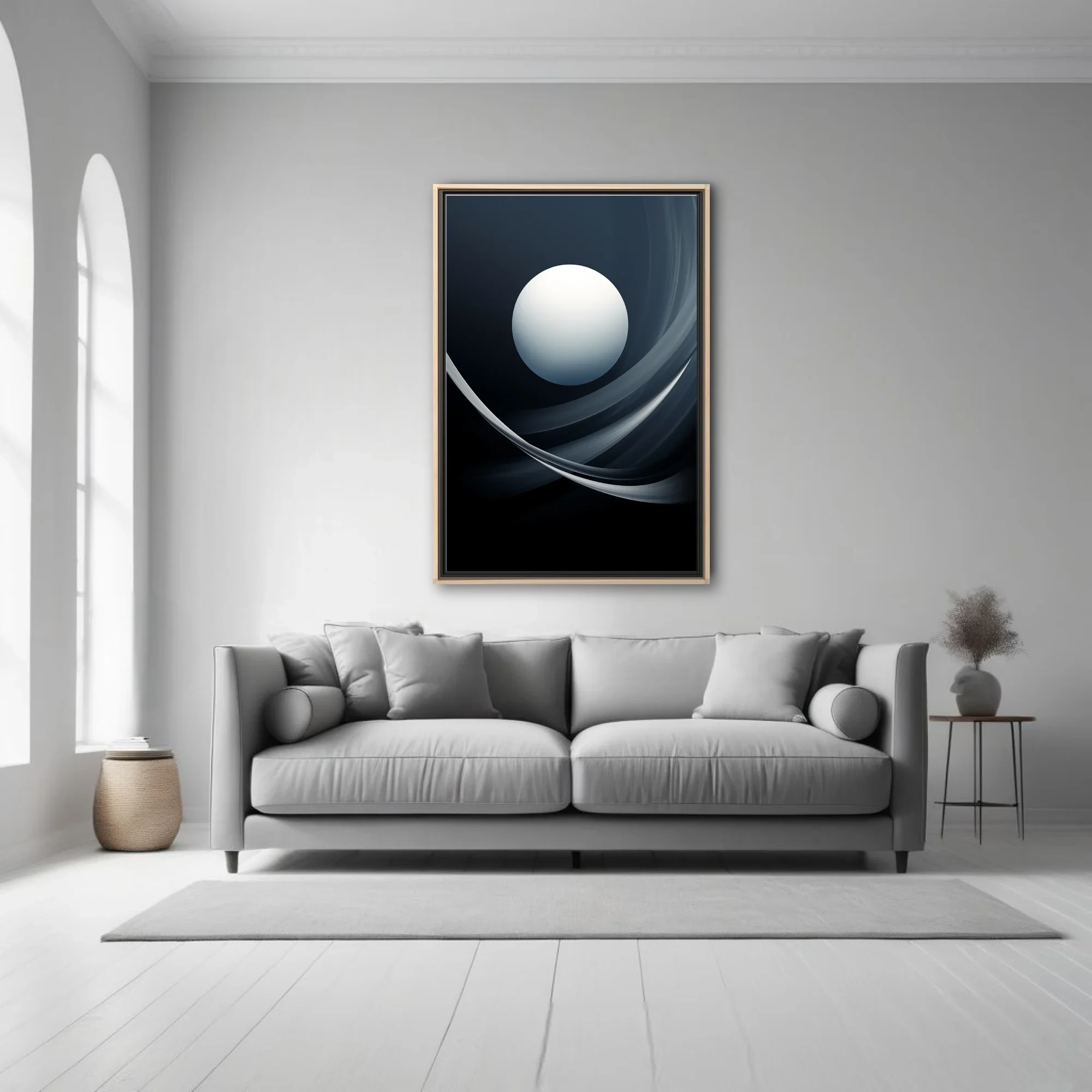 Minimalist abstract celestial sphere with sweeping dark curves, monochromatic cool tones