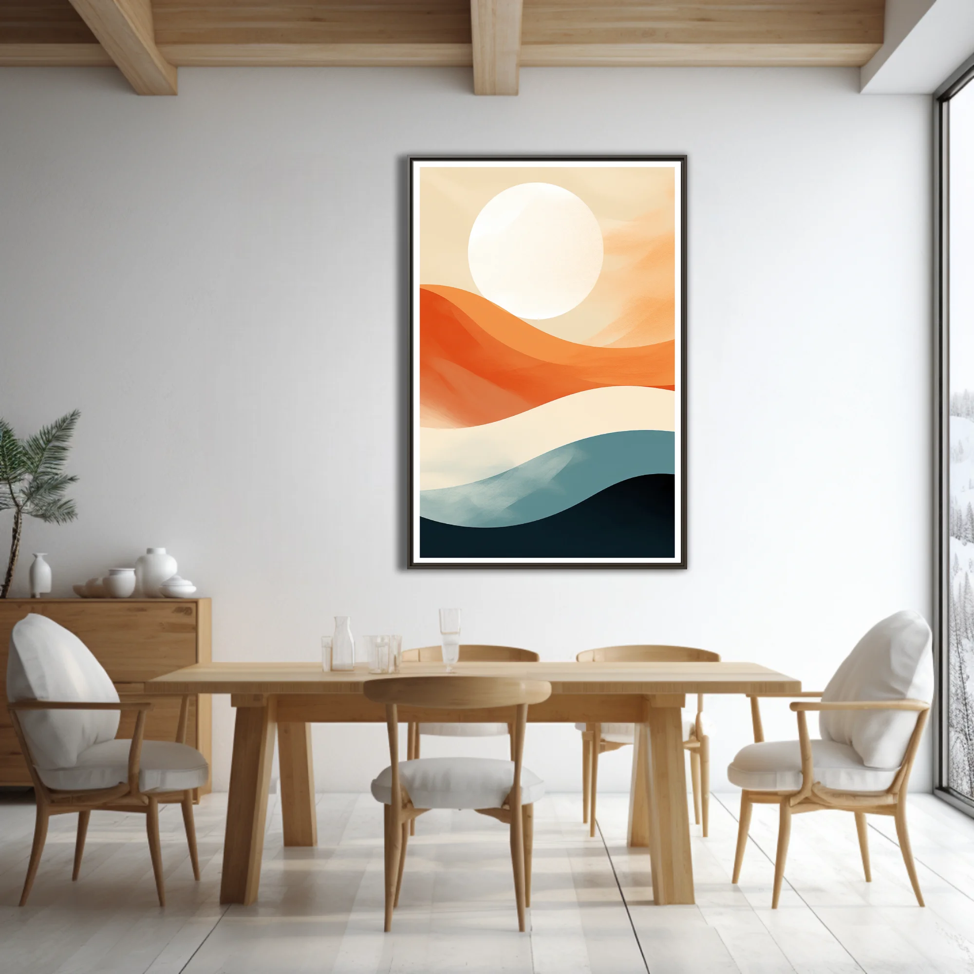 Mid-century modern abstract landscape, terracotta waves, teal, and luminous orb