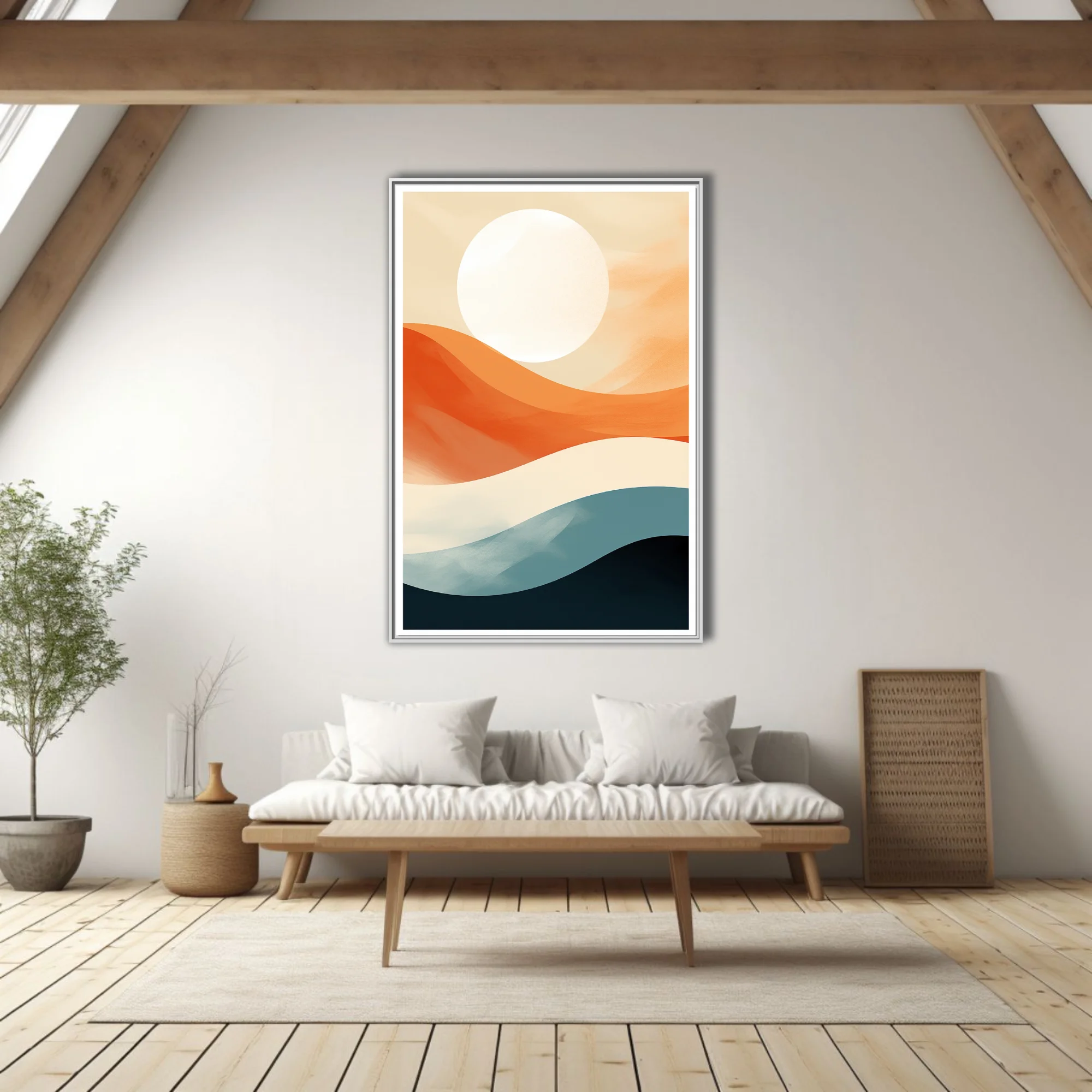 Mid-century modern abstract landscape, terracotta waves, teal, and luminous orb