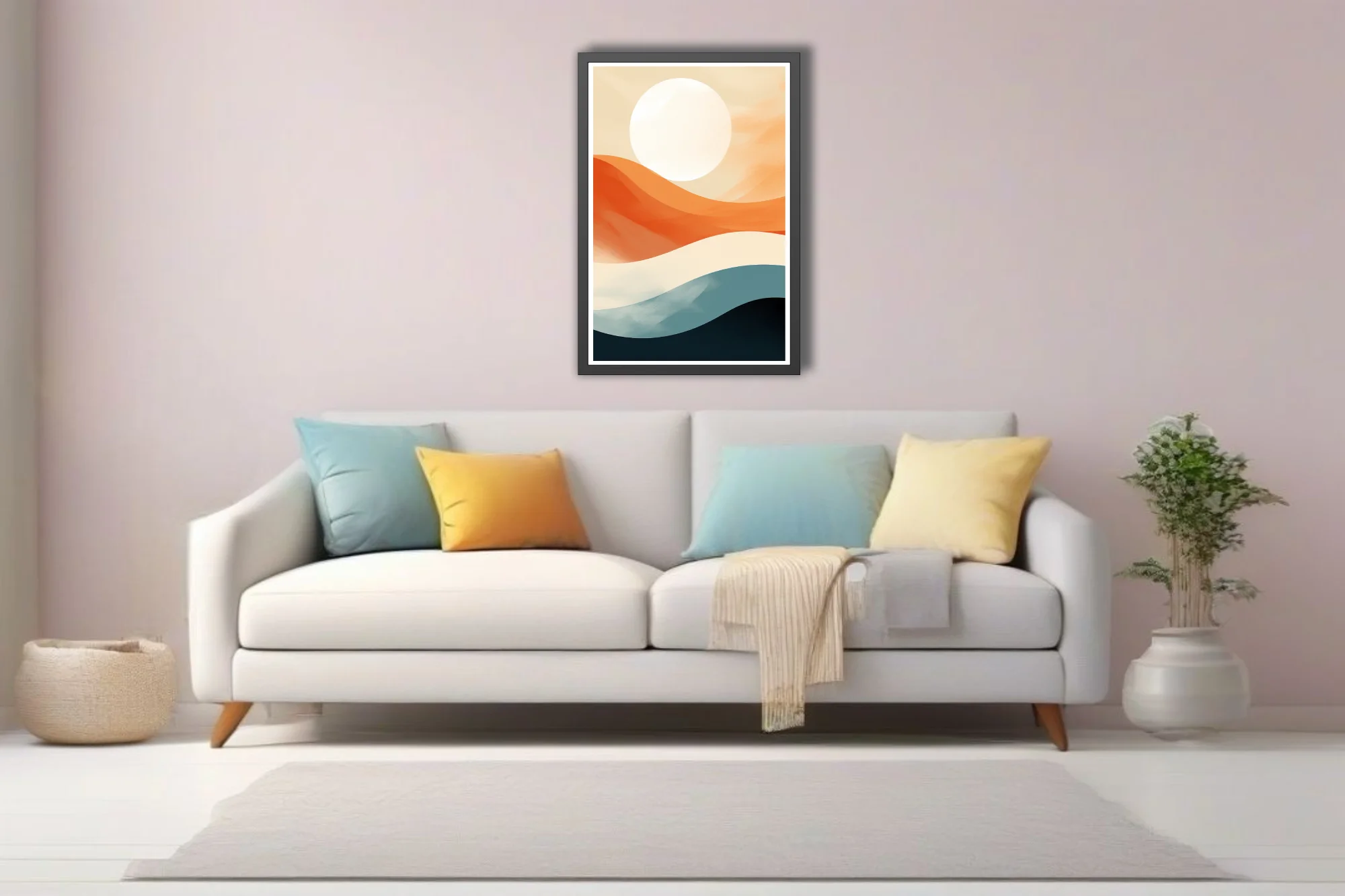 Mid-century modern abstract landscape, terracotta waves, teal, and luminous orb