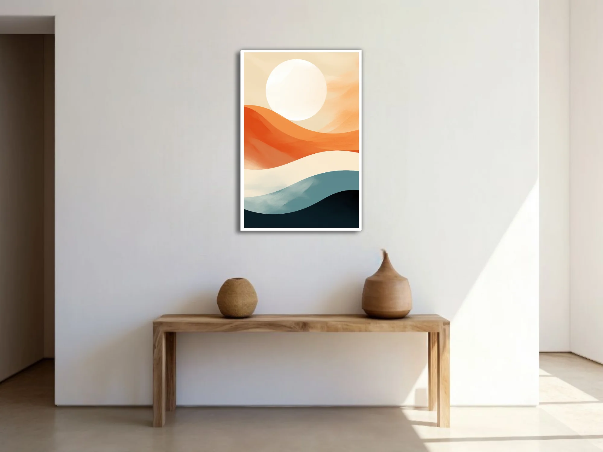 Mid-century modern abstract landscape, terracotta waves, teal, and luminous orb