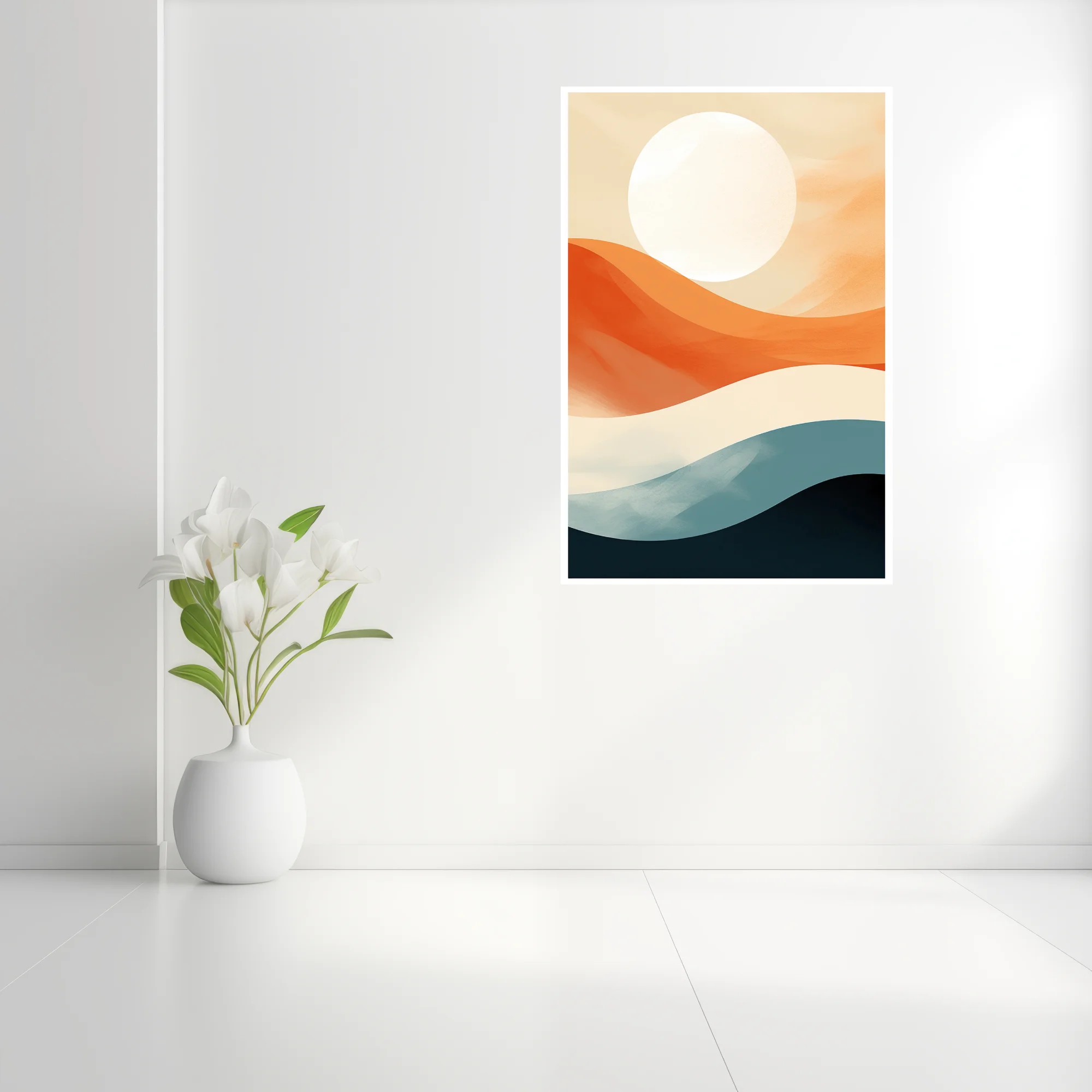 Mid-century modern abstract landscape, terracotta waves, teal, and luminous orb