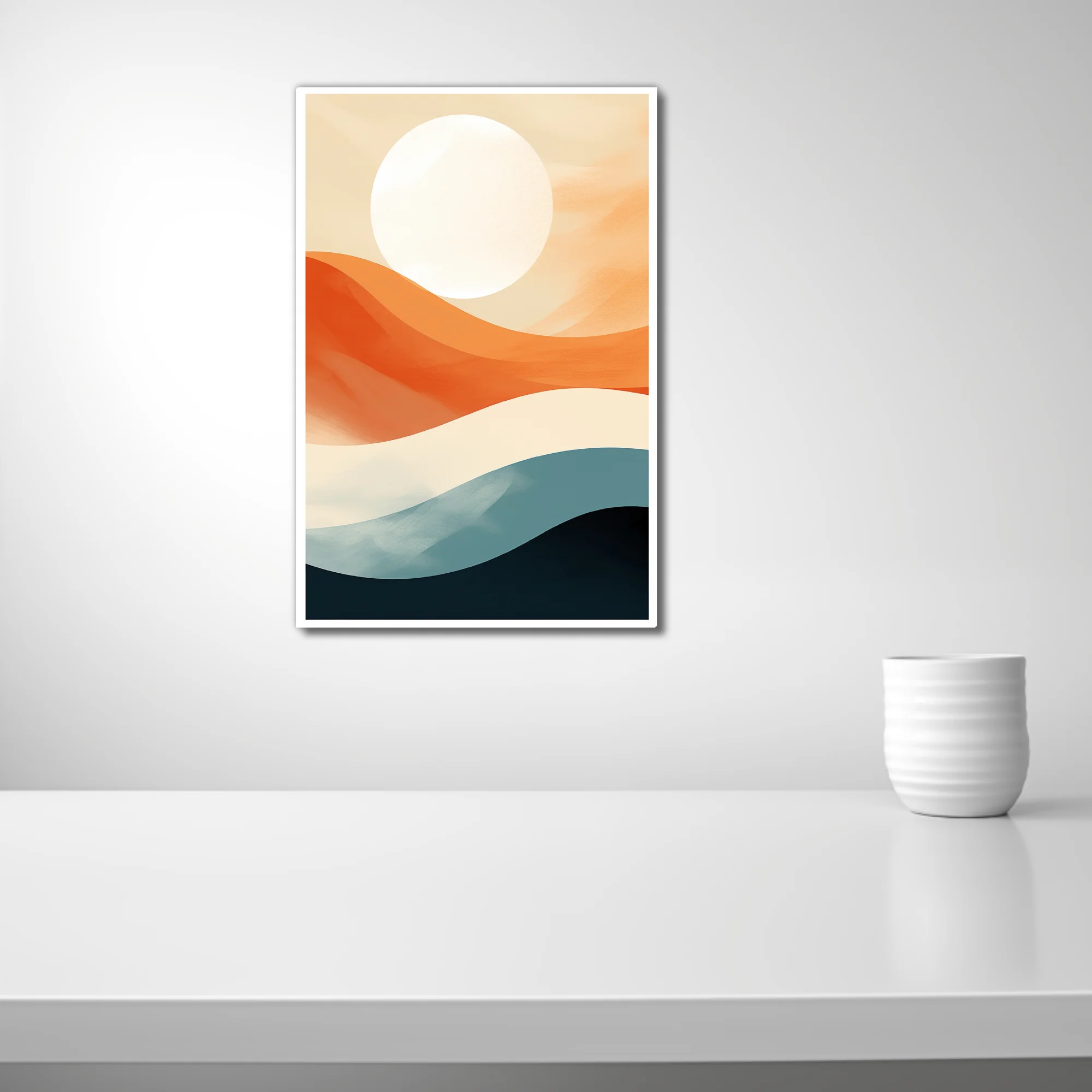Mid-century modern abstract landscape, terracotta waves, teal, and luminous orb