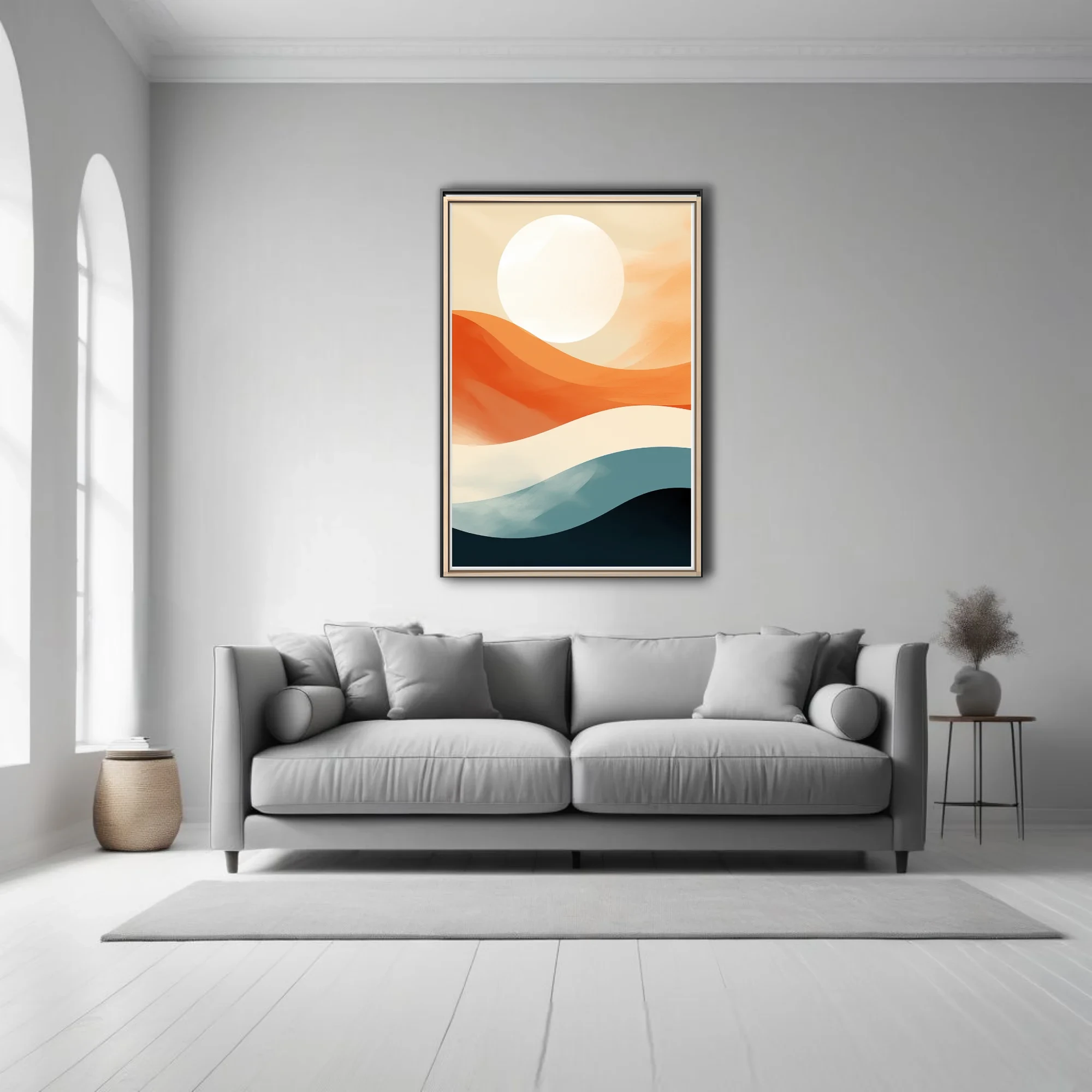 Mid-century modern abstract landscape, terracotta waves, teal, and luminous orb