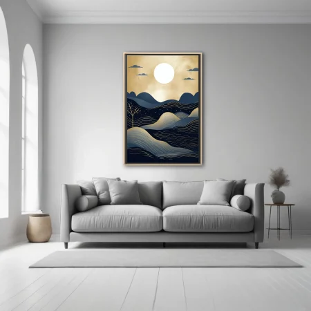 Japanese-style abstract landscape navy gold moon rolling hills fine line art print