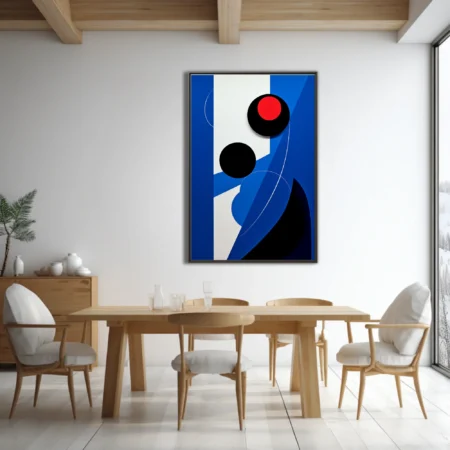 Geometric abstract art with blue planes, black orbs, and red accent