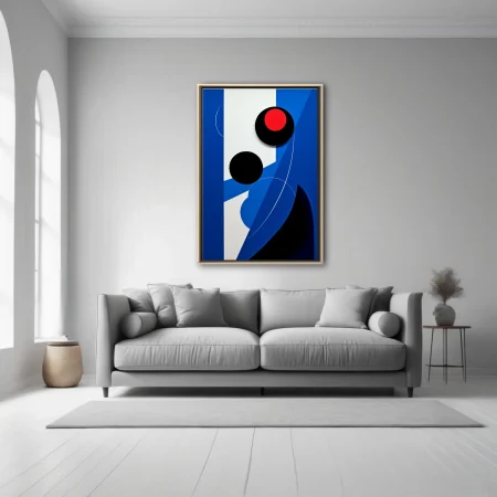 Geometric abstract art with blue planes, black orbs, and red accent