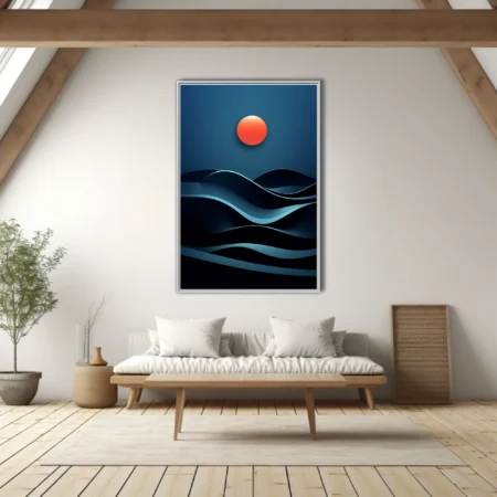 Minimalist abstract seascape with red celestial orb and dark navy wave forms