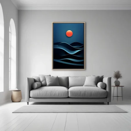 Minimalist abstract seascape with red celestial orb and dark navy wave forms