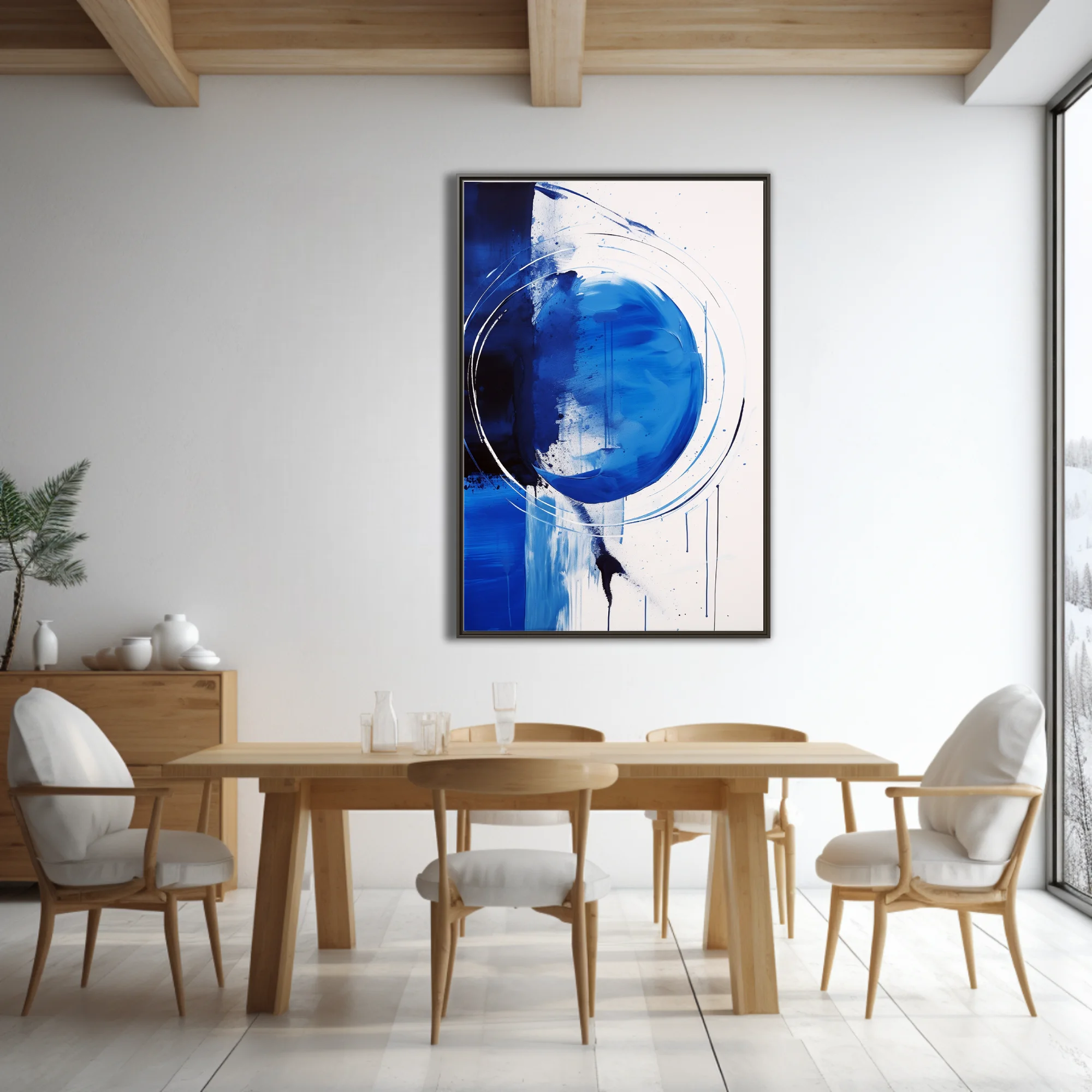 Bold cobalt and ink-blue abstract artwork with circular gesture, drips, and white ground