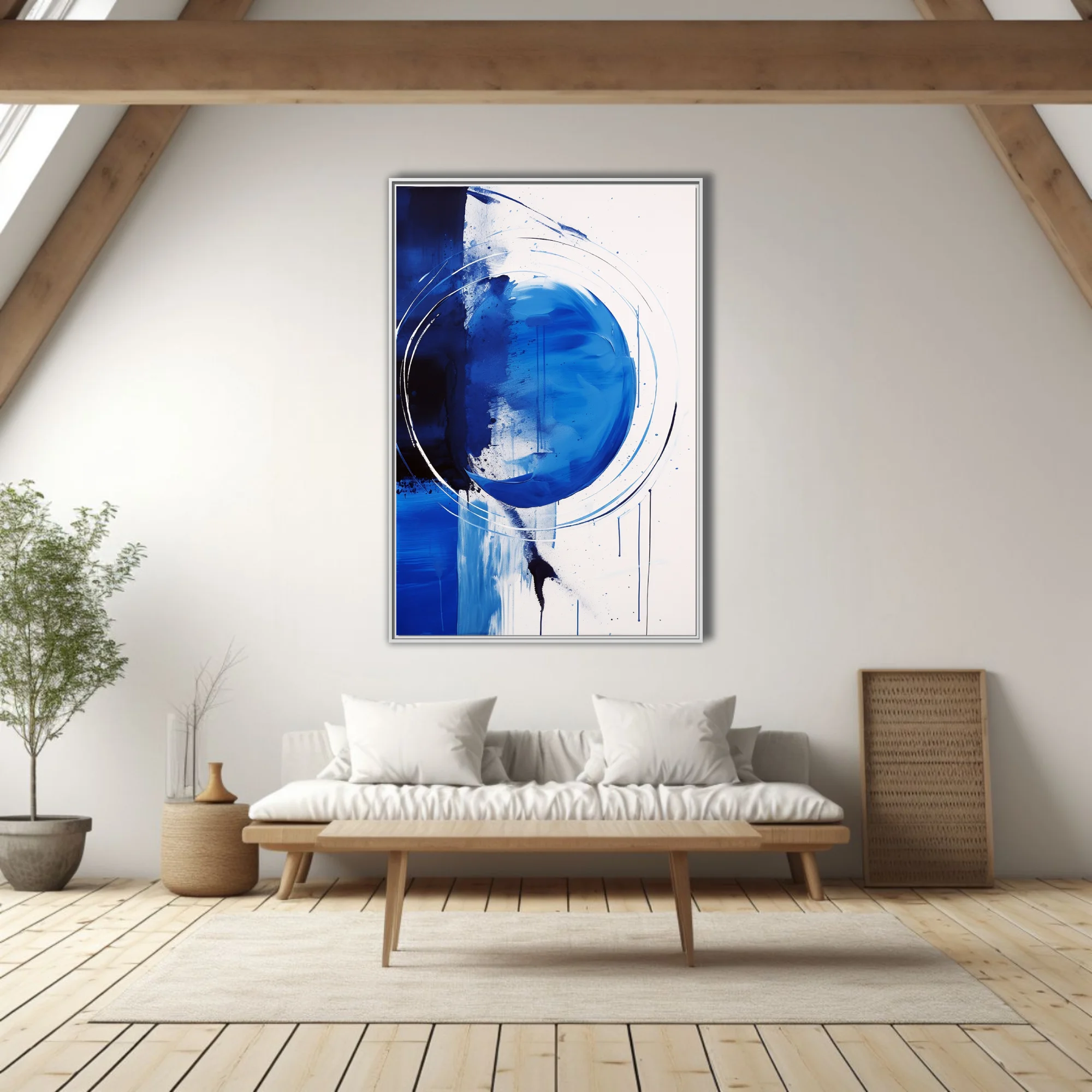 Bold cobalt and ink-blue abstract artwork with circular gesture, drips, and white ground