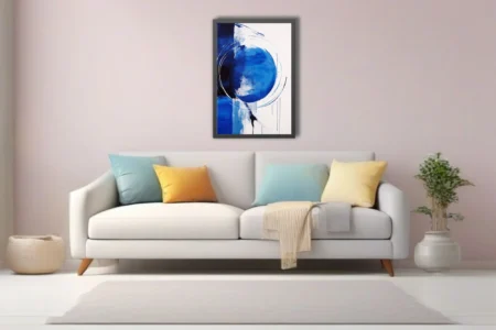 Bold cobalt and ink-blue abstract artwork with circular gesture, drips, and white ground