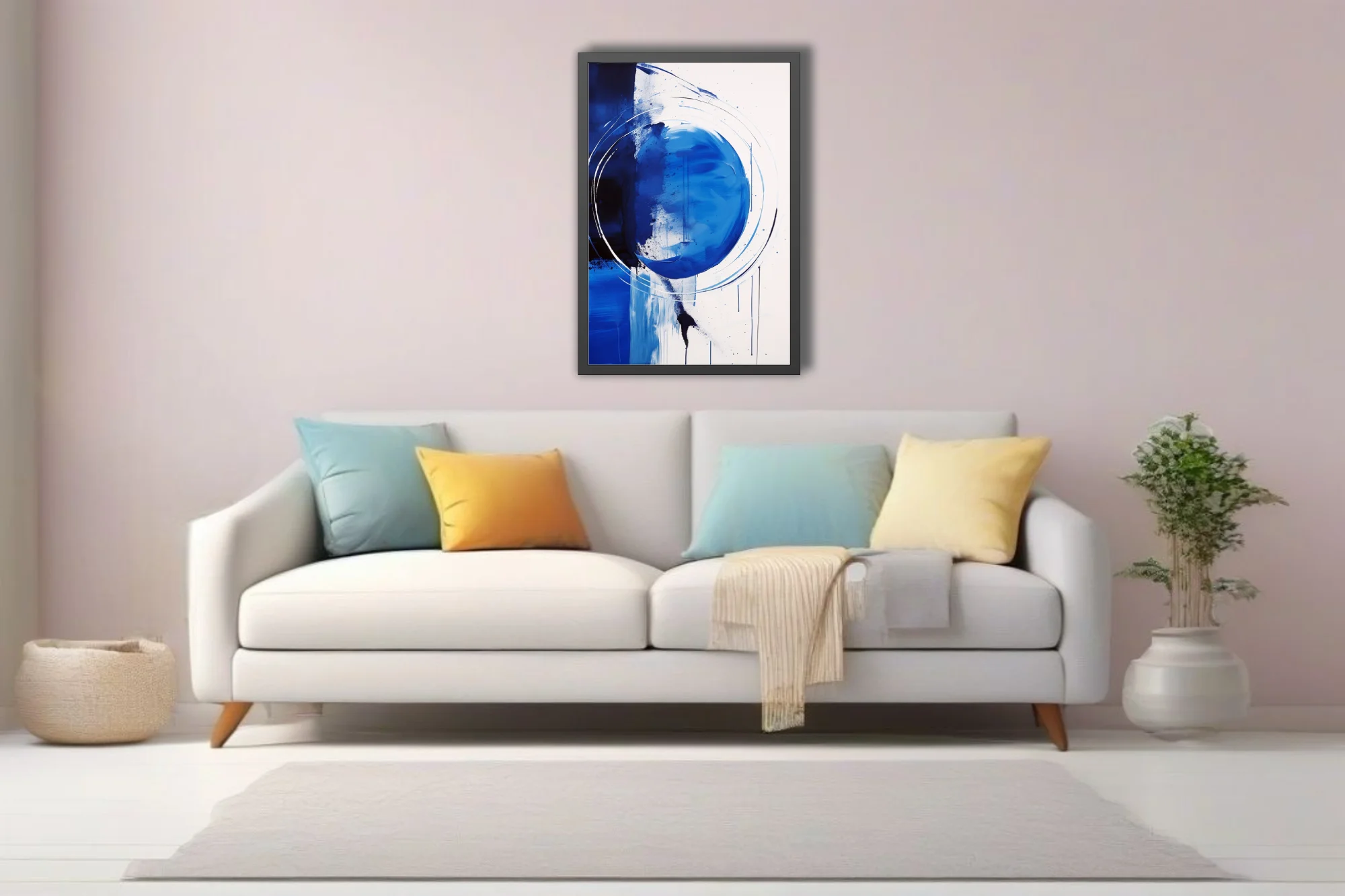 Bold cobalt and ink-blue abstract artwork with circular gesture, drips, and white ground