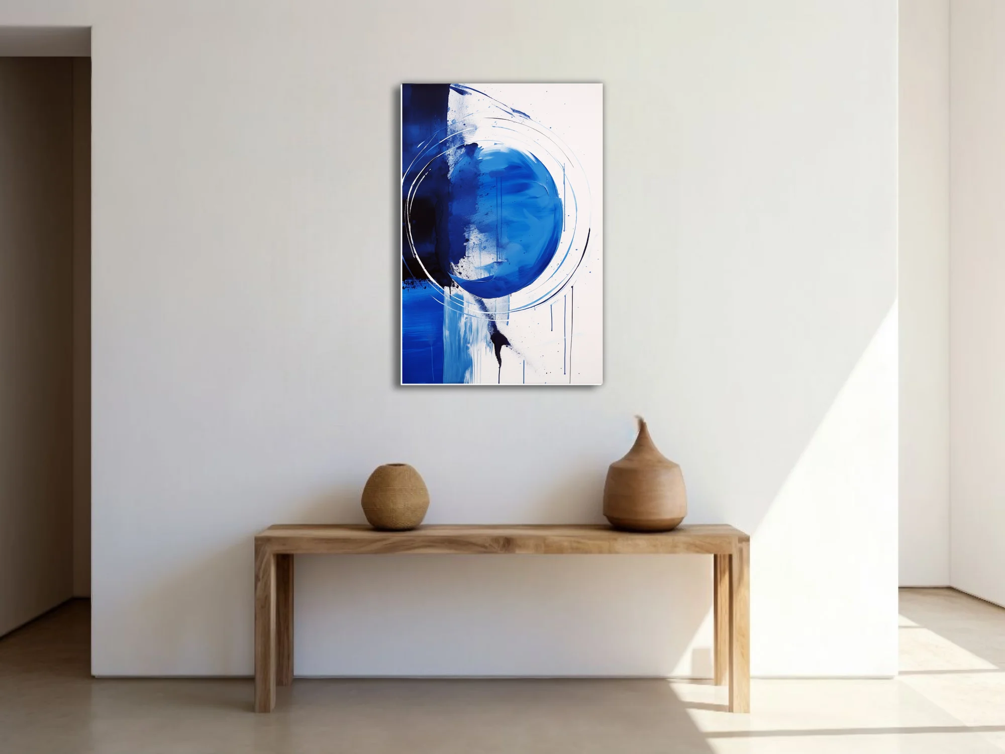 Bold cobalt and ink-blue abstract artwork with circular gesture, drips, and white ground