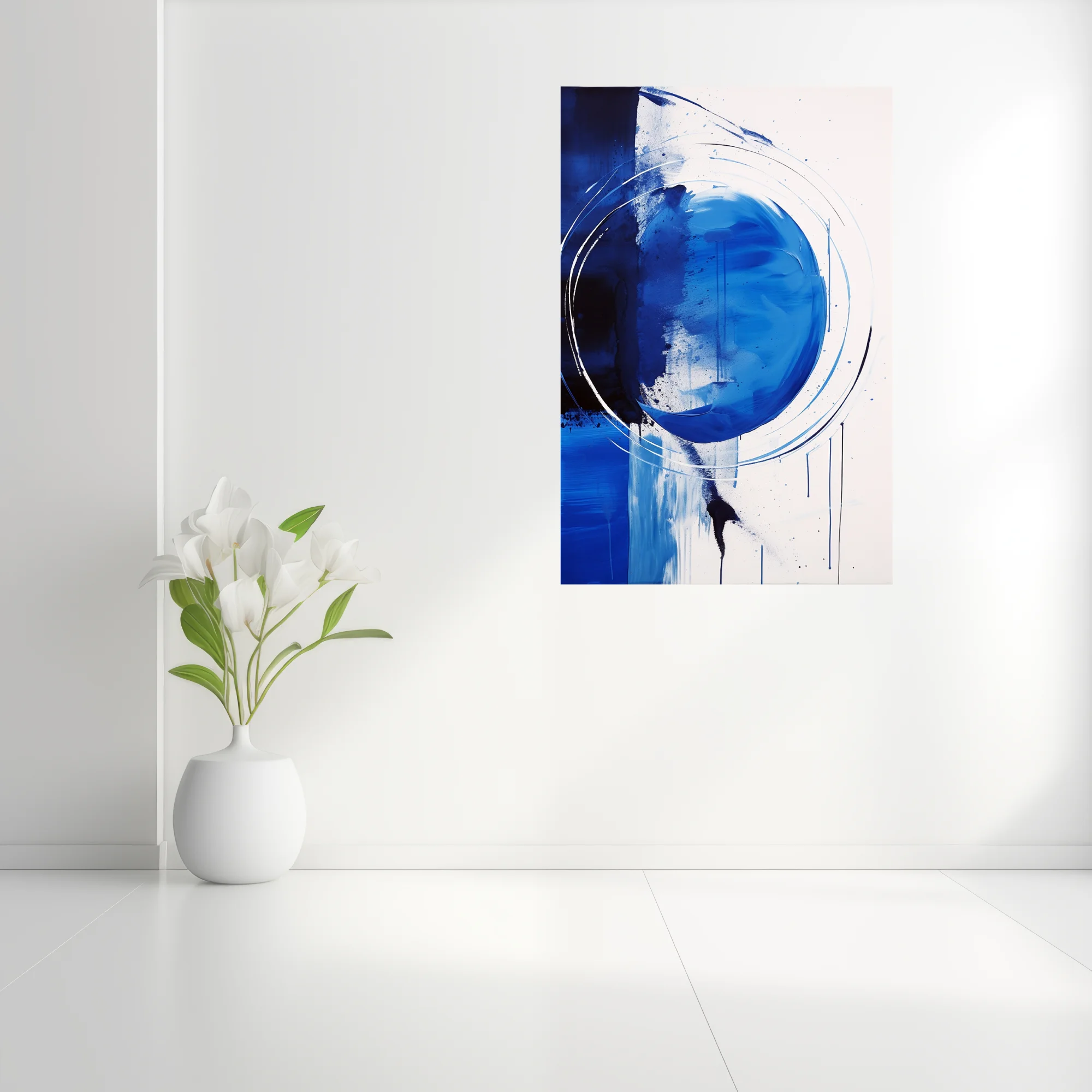 Bold cobalt and ink-blue abstract artwork with circular gesture, drips, and white ground