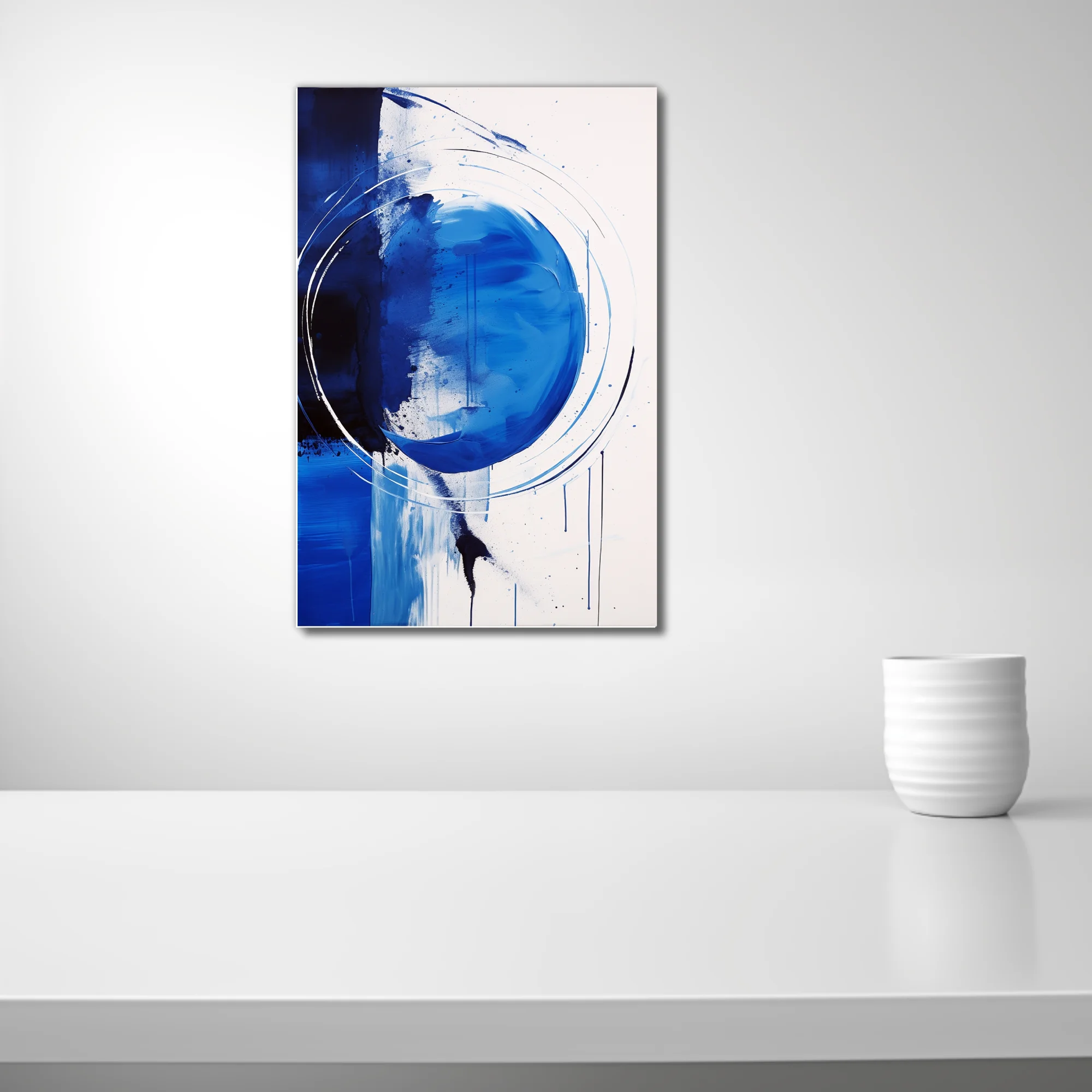 Bold cobalt and ink-blue abstract artwork with circular gesture, drips, and white ground