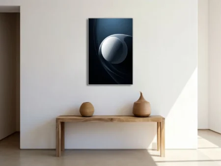 Minimalist abstract art with glowing white form and dark sweeping curves