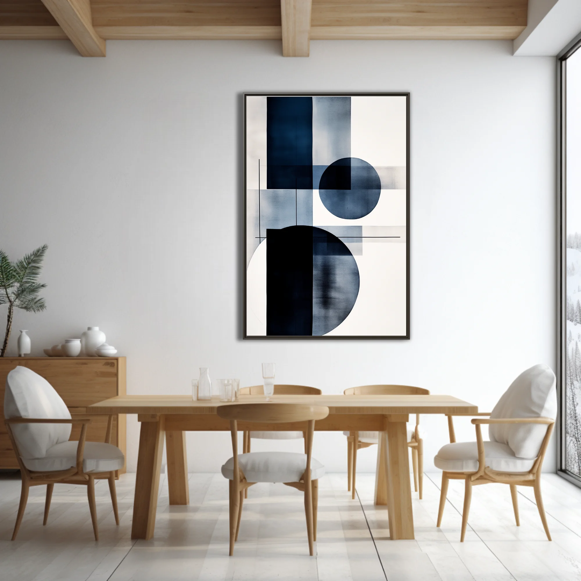 Minimalist geometric abstraction in navy blue and white with circular forms
