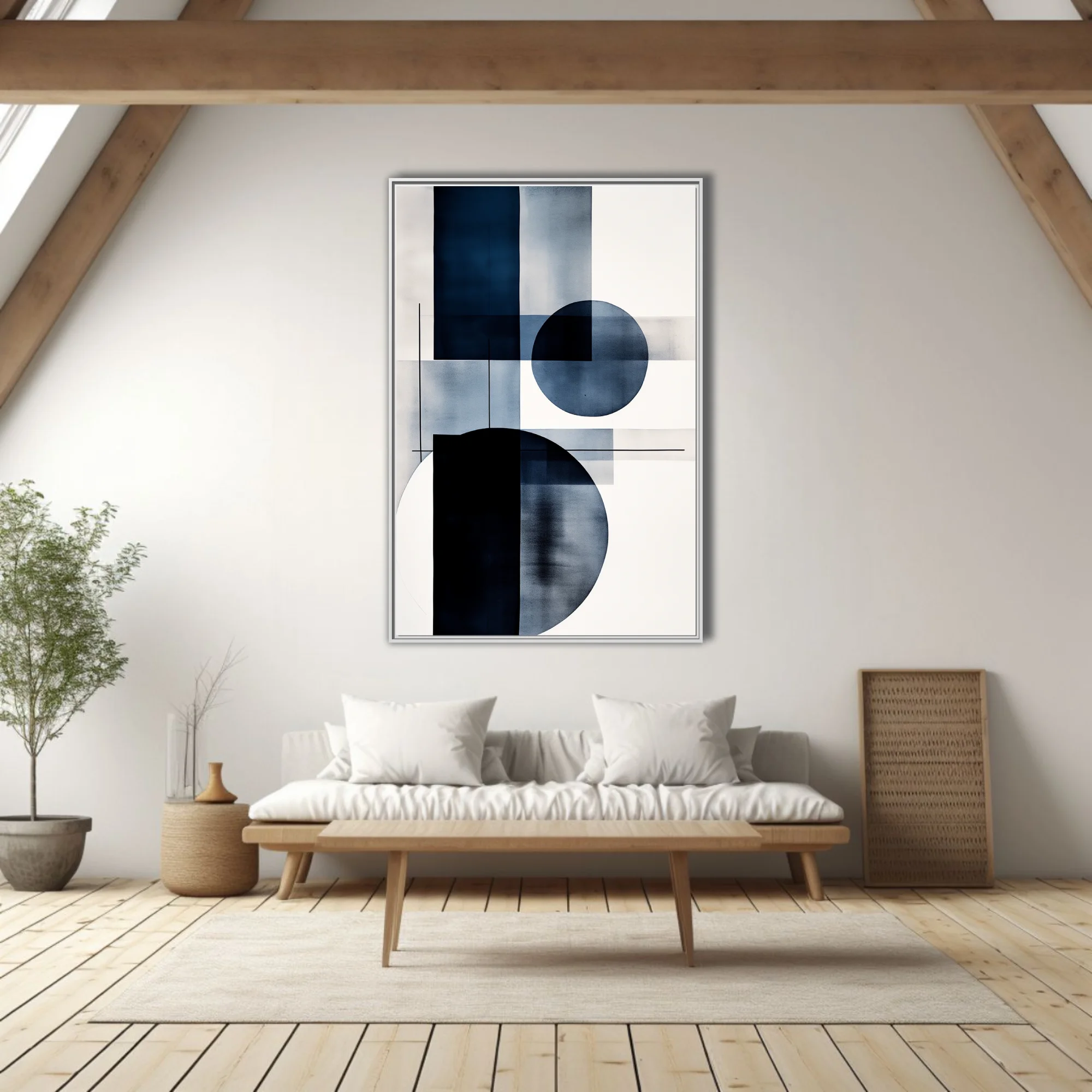 Minimalist geometric abstraction in navy blue and white with circular forms