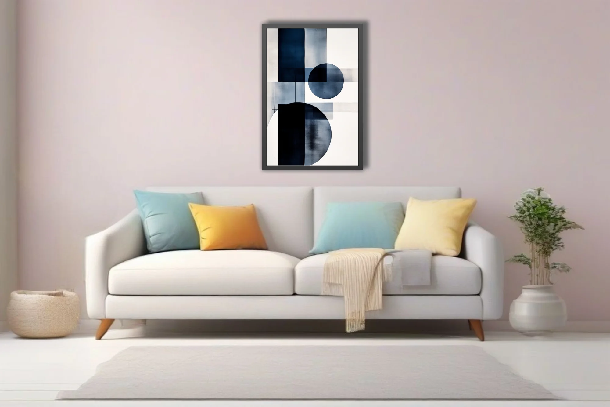 Minimalist geometric abstraction in navy blue and white with circular forms
