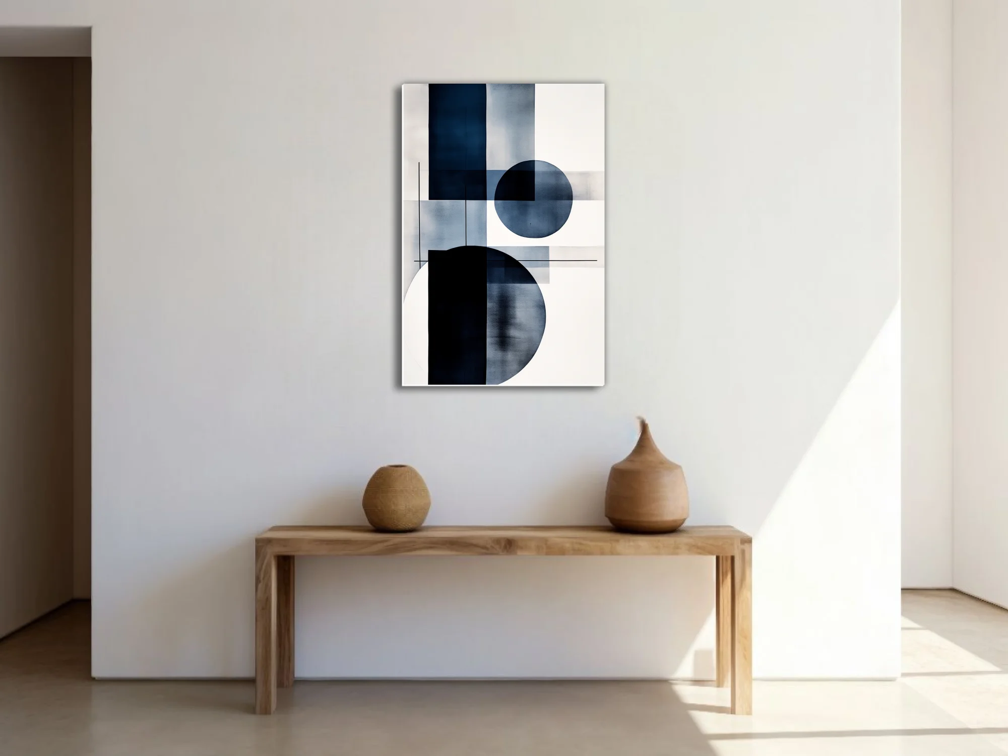 Minimalist geometric abstraction in navy blue and white with circular forms