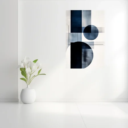 Minimalist geometric abstraction in navy blue and white with circular forms