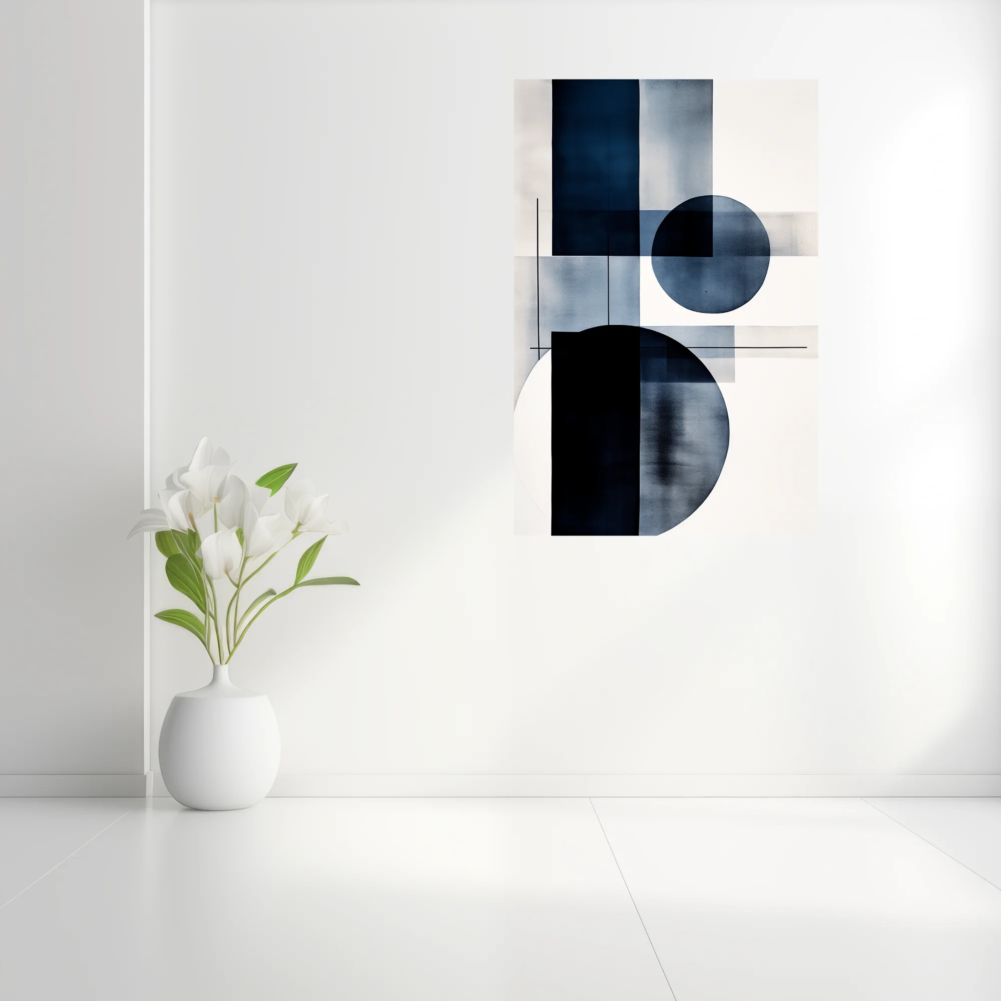 Minimalist geometric abstraction in navy blue and white with circular forms