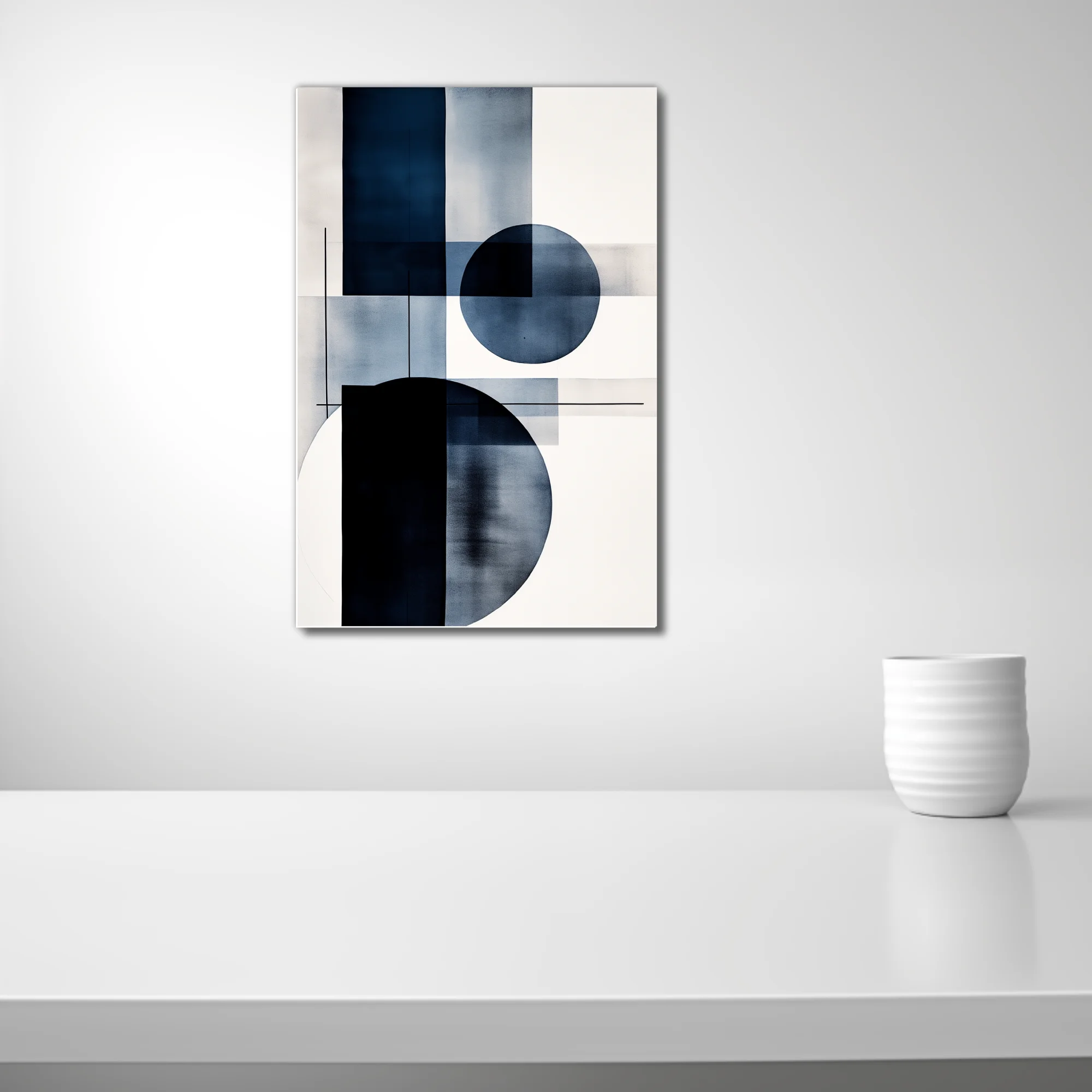 Minimalist geometric abstraction in navy blue and white with circular forms