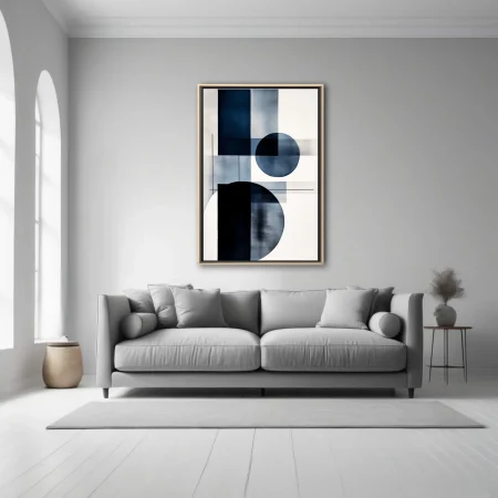 Minimalist geometric abstraction in navy blue and white with circular forms