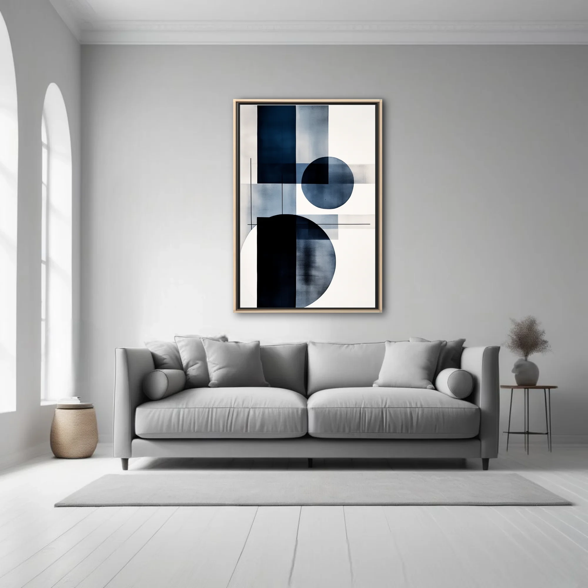 Minimalist geometric abstraction in navy blue and white with circular forms