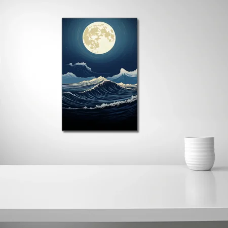 Japanese woodblock-style night ocean waves under glowing full moon, deep navy and cream