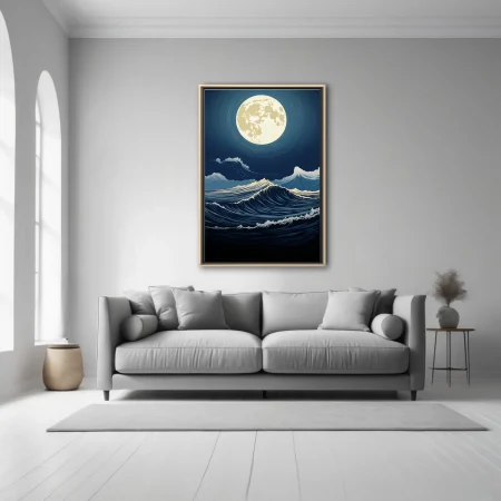 Japanese woodblock-style night ocean waves under glowing full moon, deep navy and cream