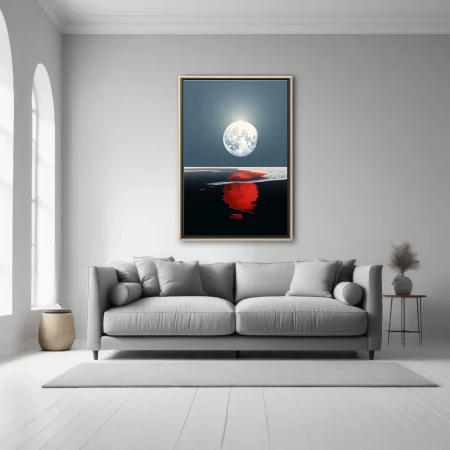 Otherworldly full moon over dark shoreline with crimson red water reflection, blue-grey sky