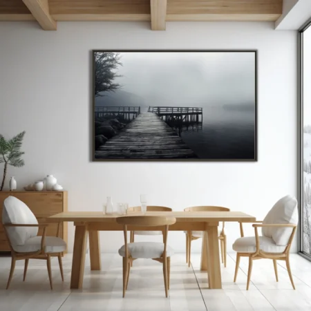 Foggy lakeside dock in charcoal tones — moody atmospheric landscape print