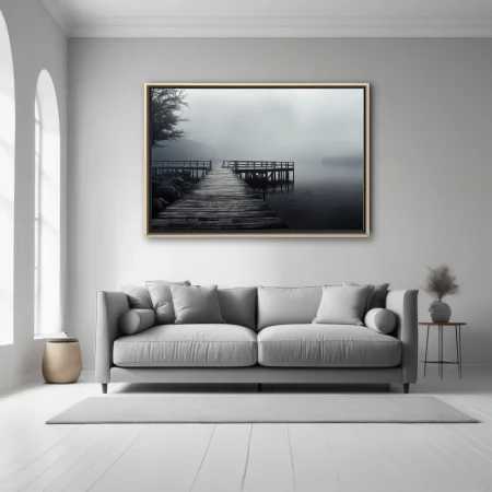 Foggy lakeside dock in charcoal tones — moody atmospheric landscape print