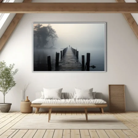 Foggy pier with lone figure silhouette, moody monochrome atmospheric landscape print