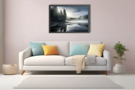 Cinematic misty forest lake at dawn, dark cabin, cool grey tones, Nordic wilderness