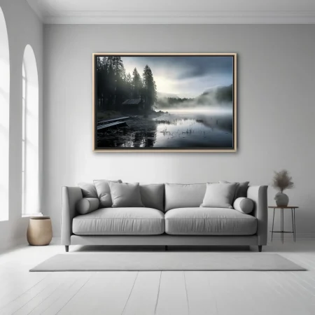 Cinematic misty forest lake at dawn, dark cabin, cool grey tones, Nordic wilderness