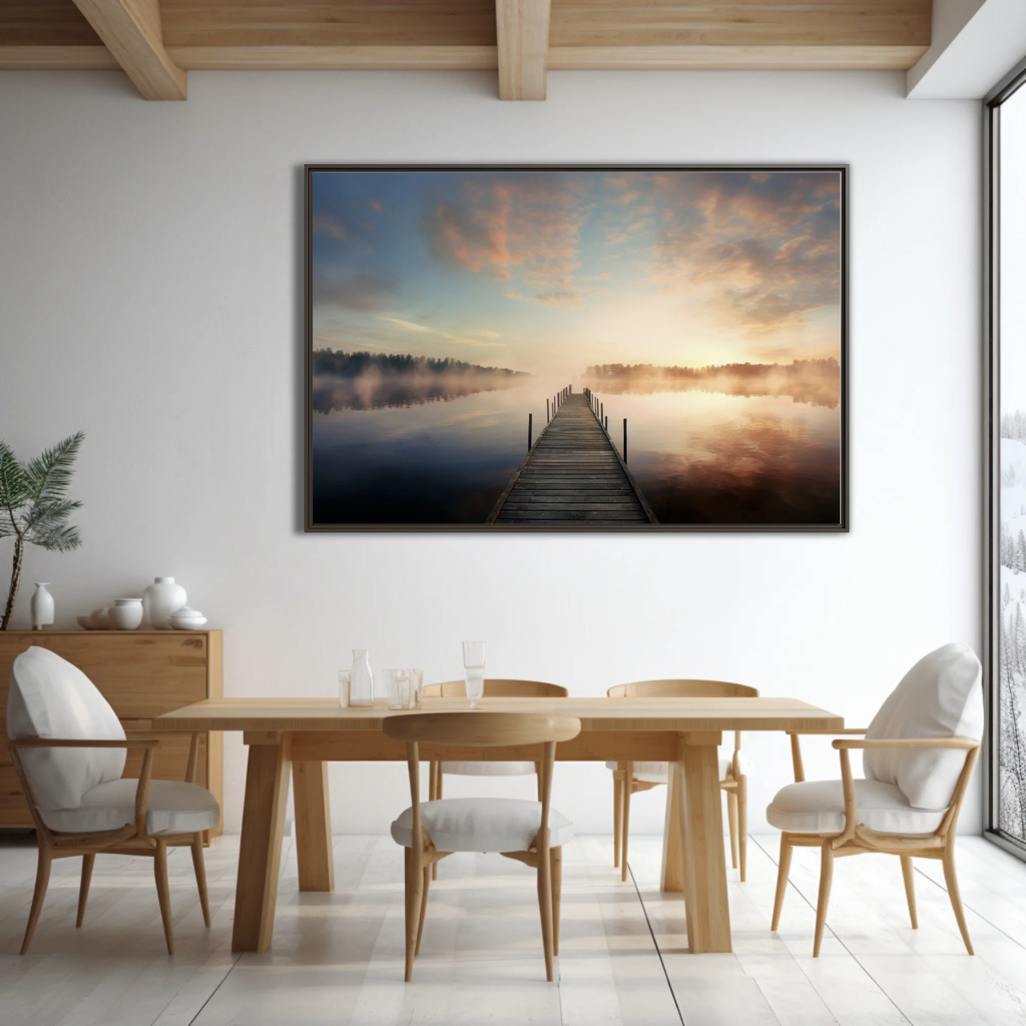 Misty sunrise over calm lake with wooden pier and warm golden fog