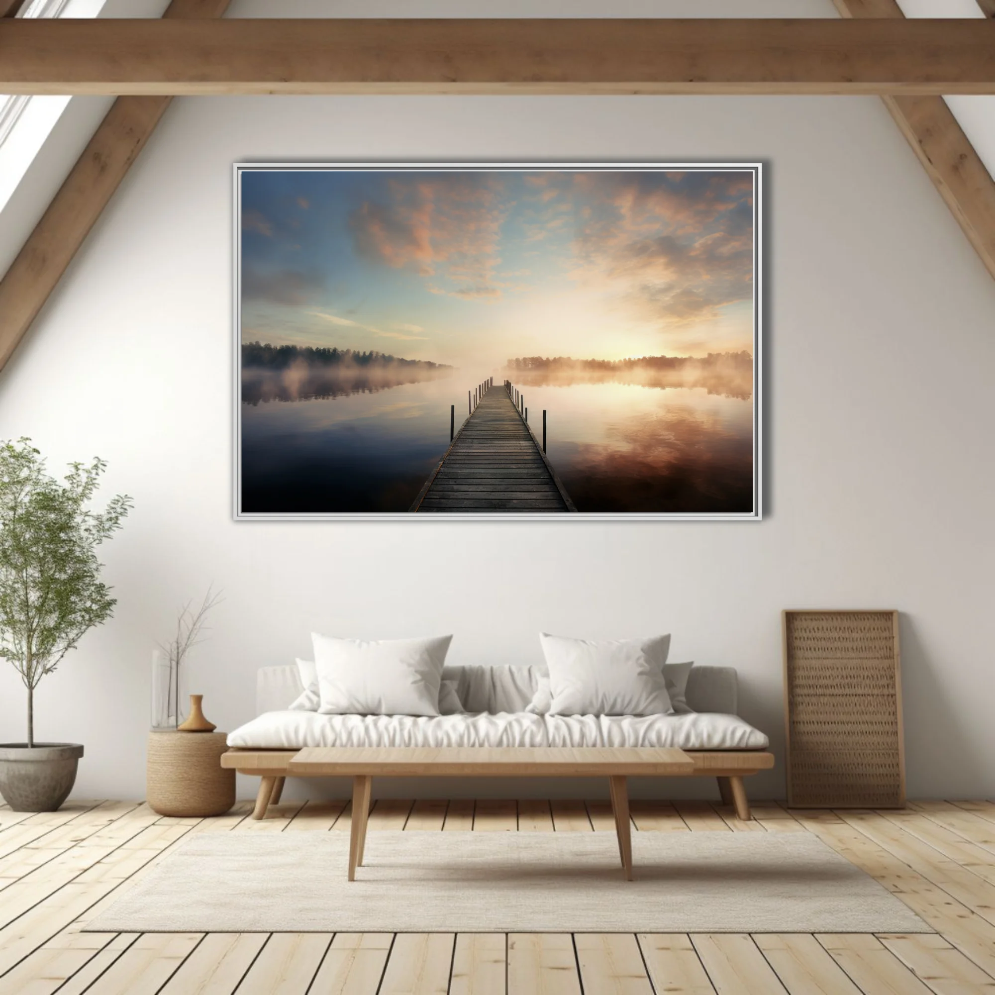 Misty sunrise over calm lake with wooden pier and warm golden fog
