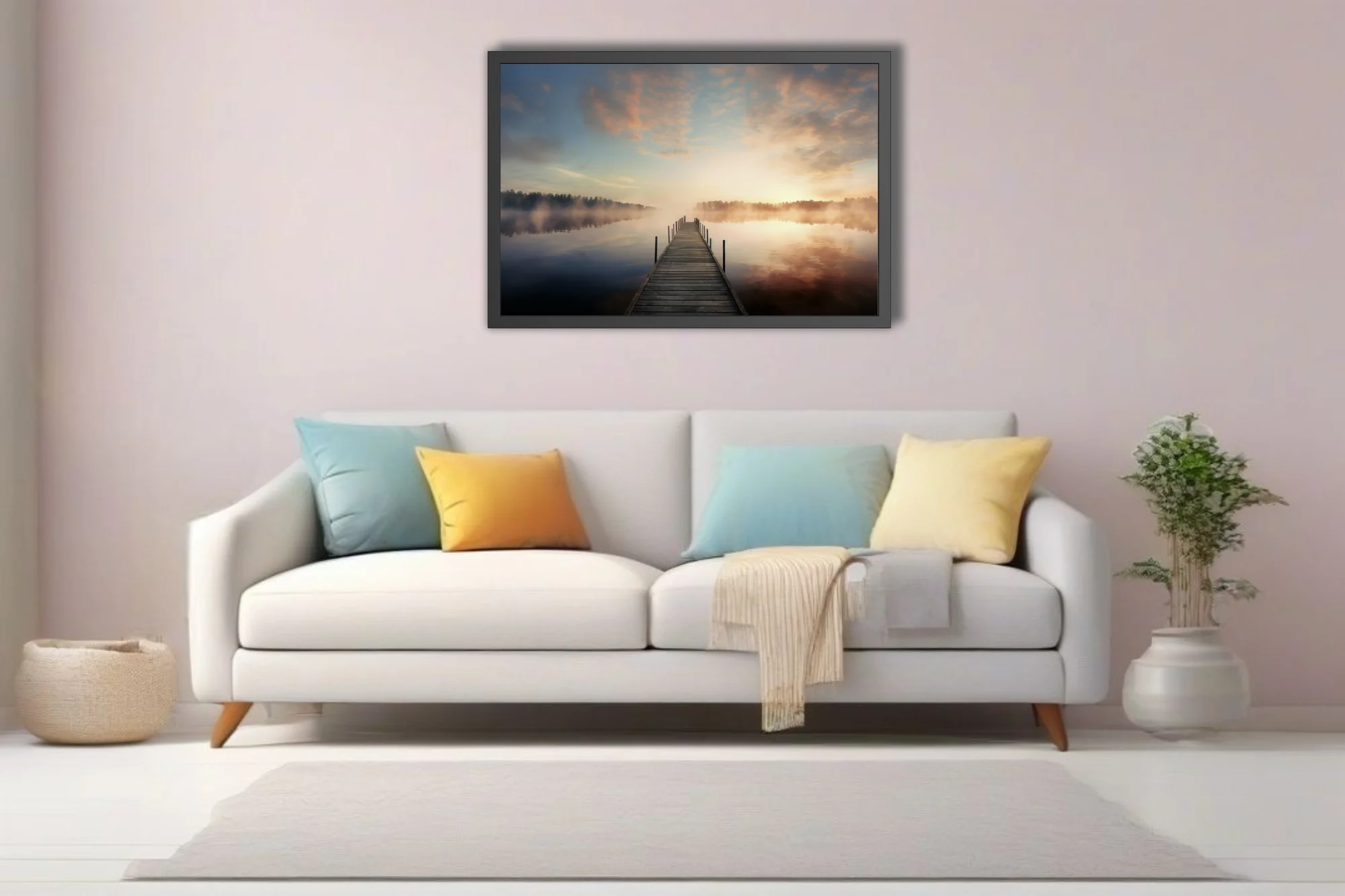 Misty sunrise over calm lake with wooden pier and warm golden fog
