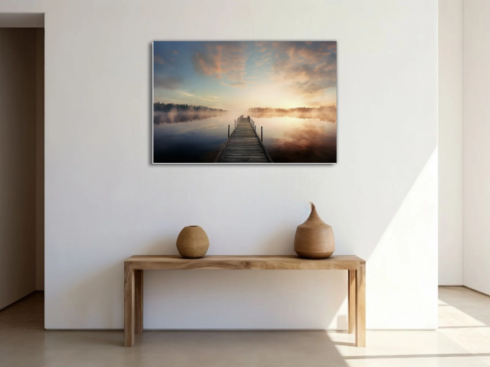 Misty sunrise over calm lake with wooden pier and warm golden fog