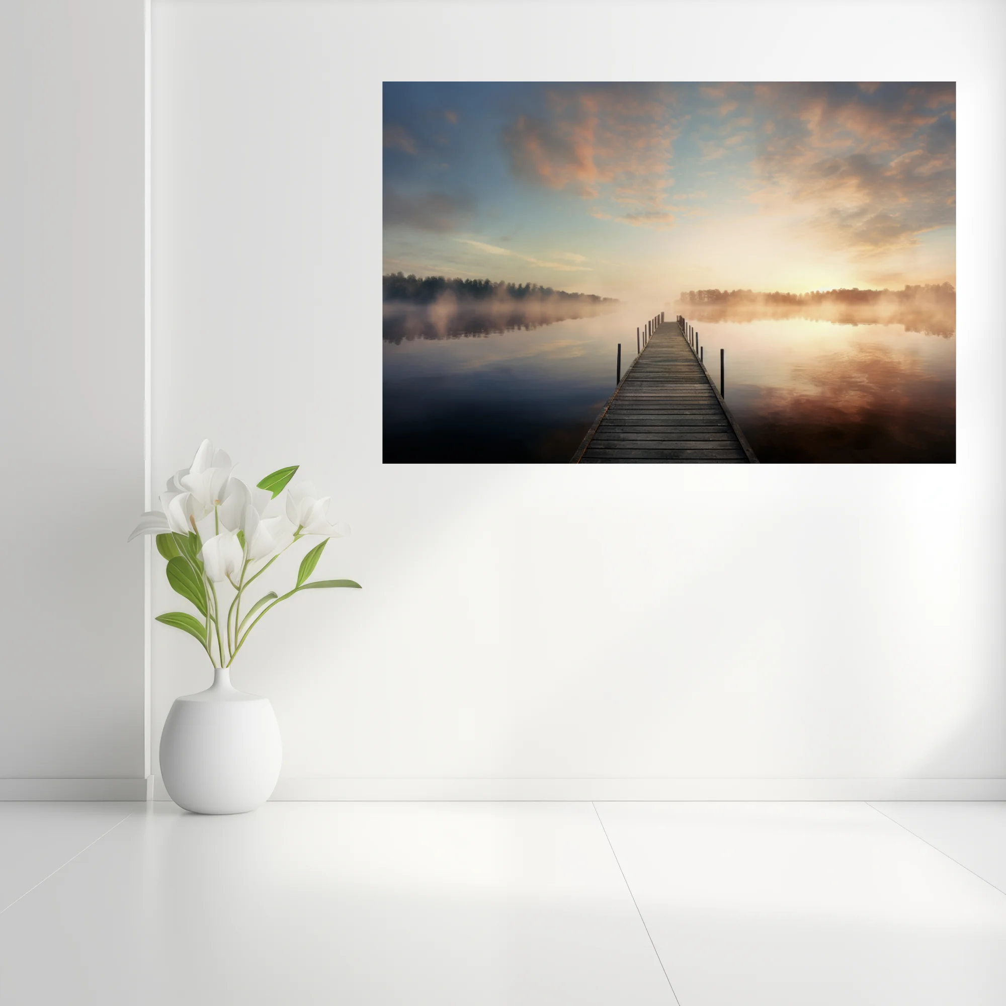 Misty sunrise over calm lake with wooden pier and warm golden fog