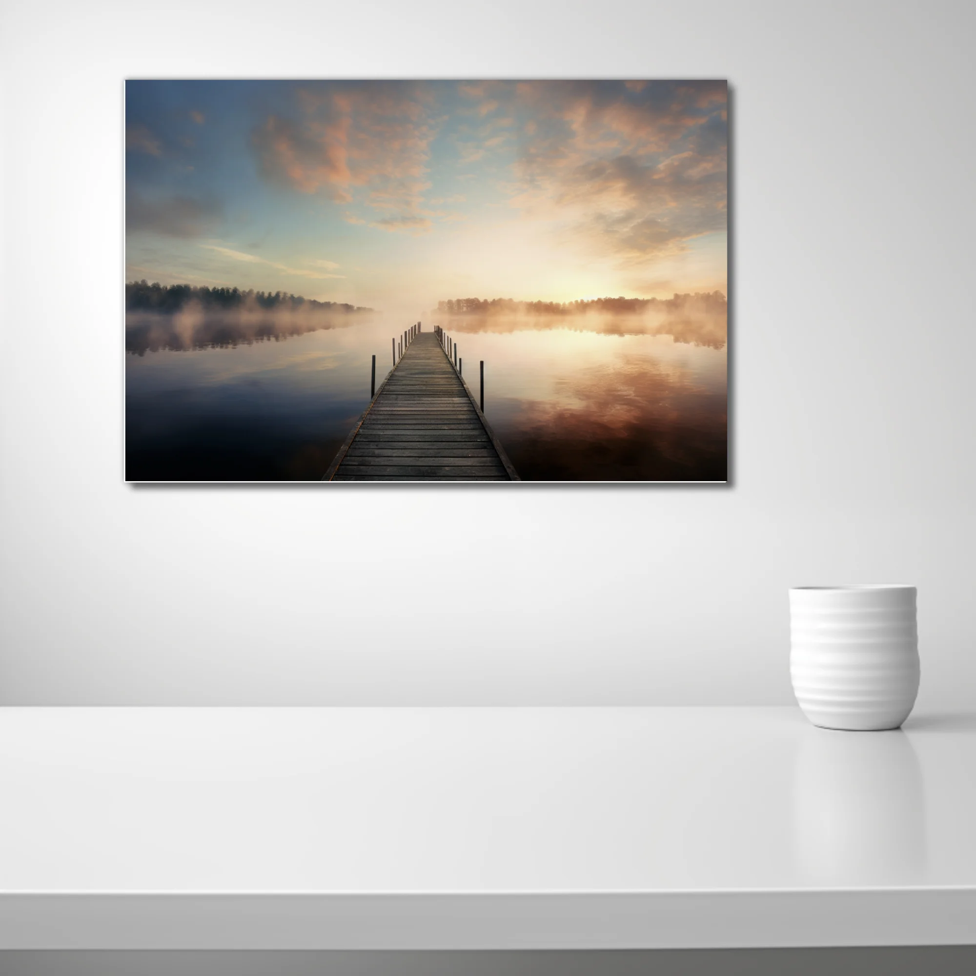 Misty sunrise over calm lake with wooden pier and warm golden fog