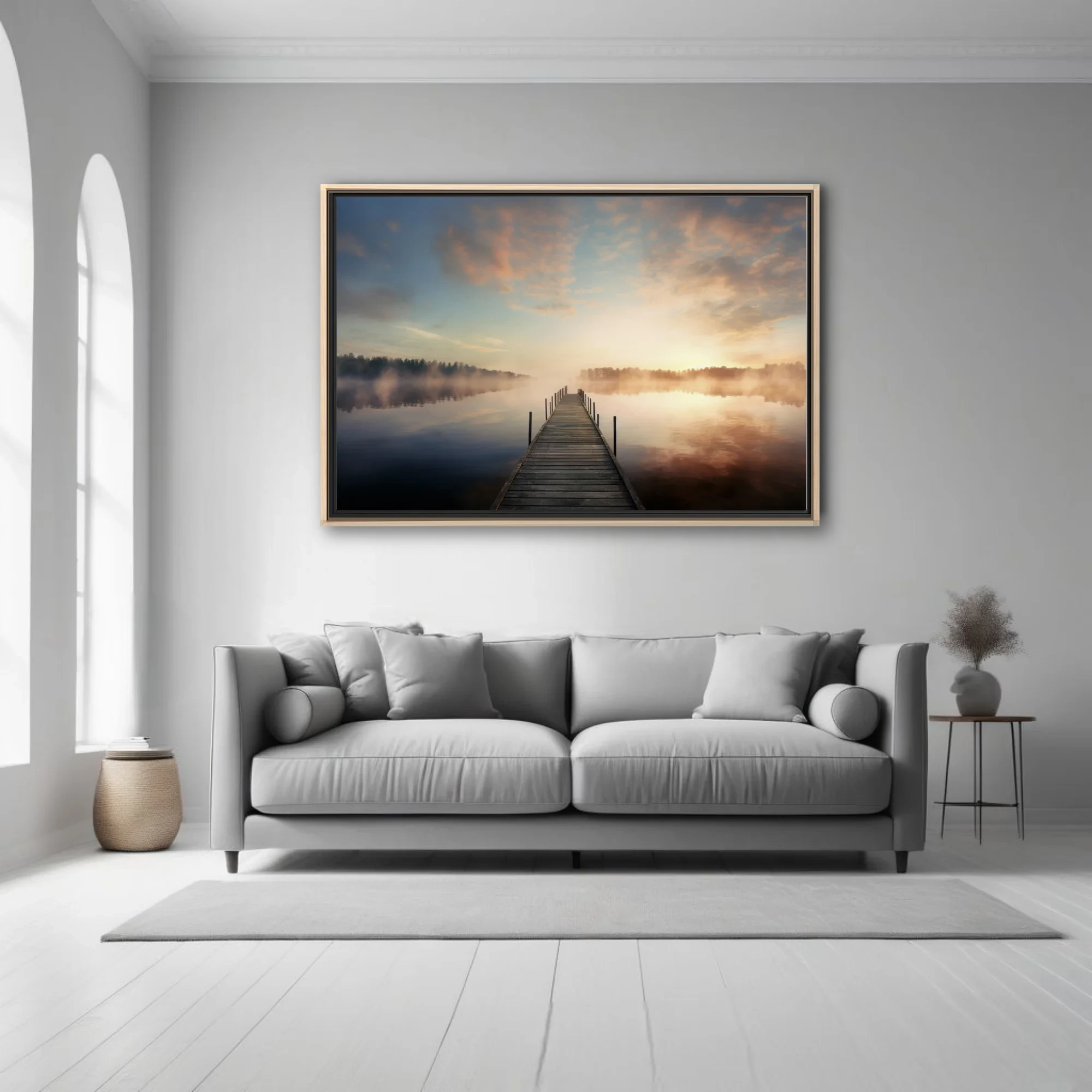 Misty sunrise over calm lake with wooden pier and warm golden fog